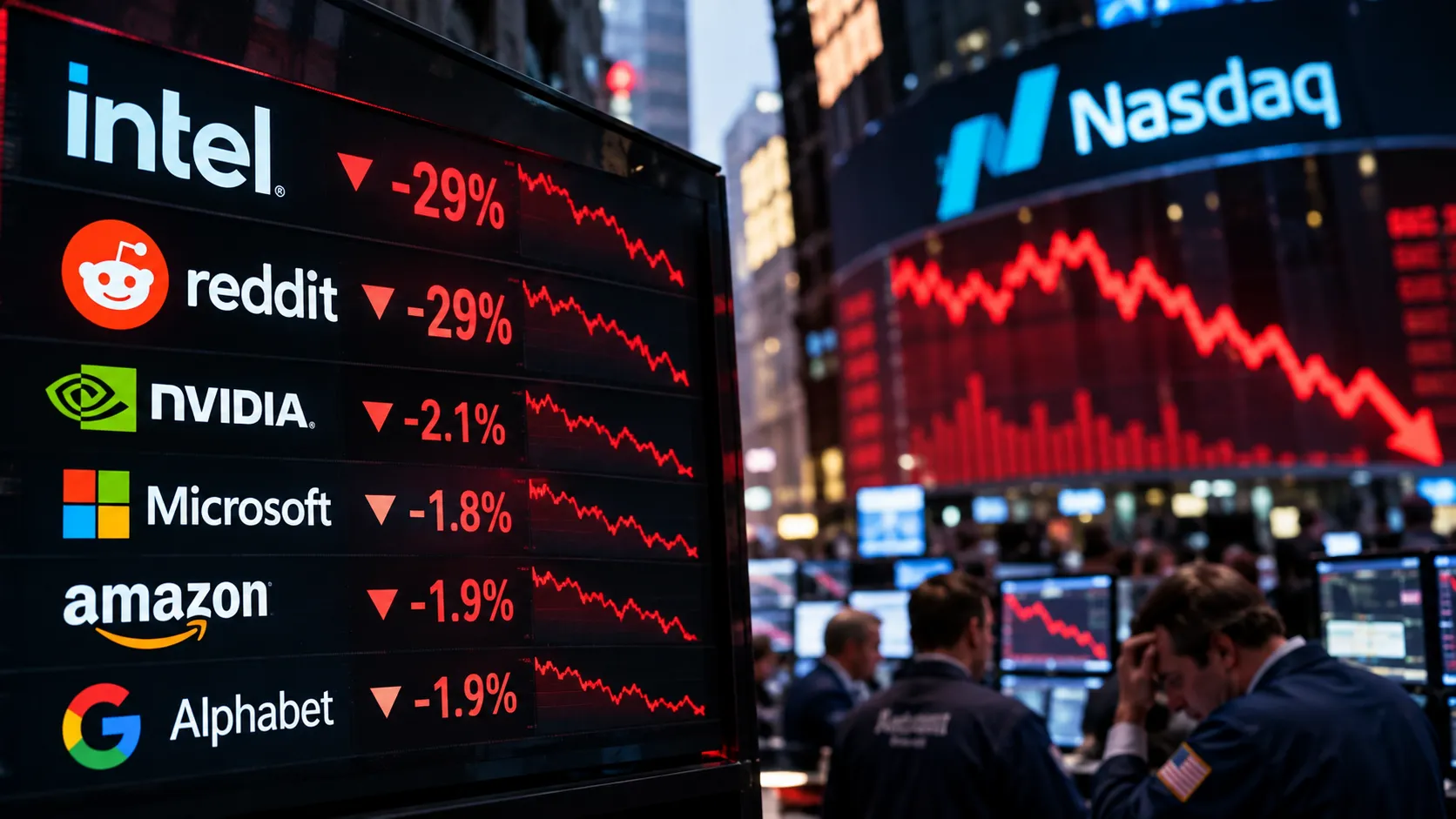 Wall Street stock market display showing falling technology shares during the October tech stock selloff, with Intel, Reddit and AI-related stocks under pressure.