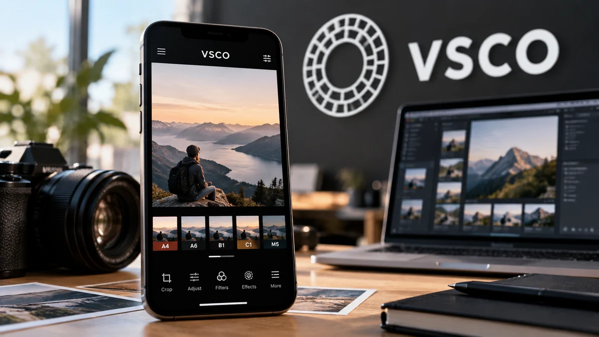 VSCO photo-editing application displayed on a smartphone, illustrating the VSCO layoffs 2025 and the company's restructuring toward professional photography tools.