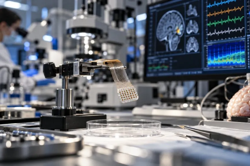 Precision Neuroscience brain-computer interface technology with neural implant research and AI-assisted brain signal analysis.