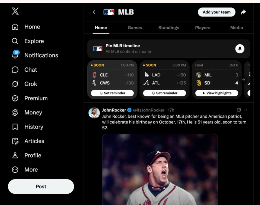 X Expands Gametime Sports Hub Beyond NFL With MLB