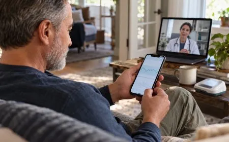 Abbott CardioMEMS heart failure monitor with a patient viewing pressure readings on a smartphone.