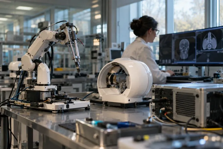 Medical device testing laboratory with advanced healthcare equipment and a specialist reviewing the technology.
