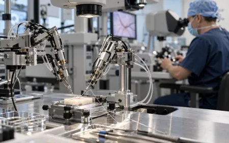 A precision robotic microsurgery system being evaluated in a modern clinical research environment.