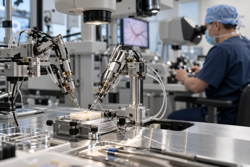 A precision robotic microsurgery system being evaluated in a modern clinical research environment.